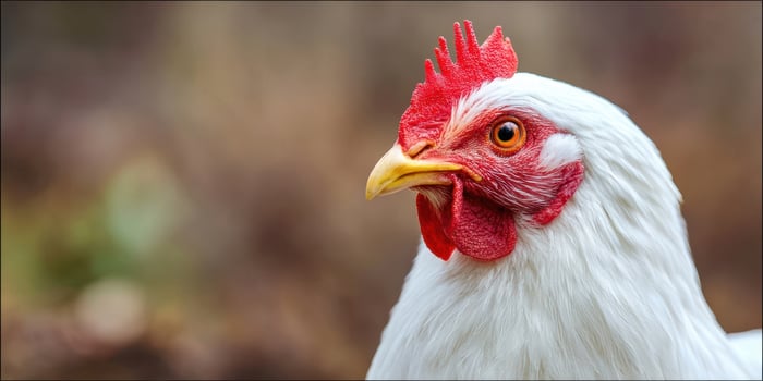 The charming white chicken with vibrant red comb and striking eyes. photo