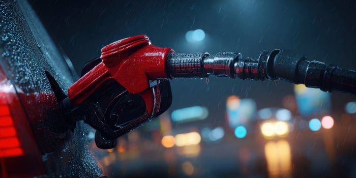 The fuel pump dispensing gasoline into a car under rainy night conditions photo