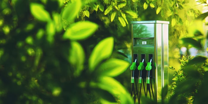 The eco-friendly electric charging station surrounded by vibrant green foliage. photo