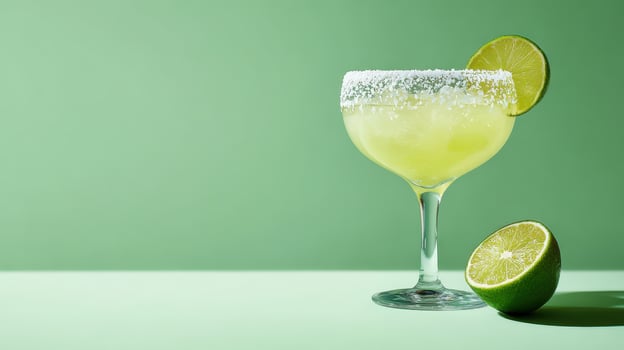 Refreshing Margarita Cocktail with Salt Rim and Lime on Green Background photo