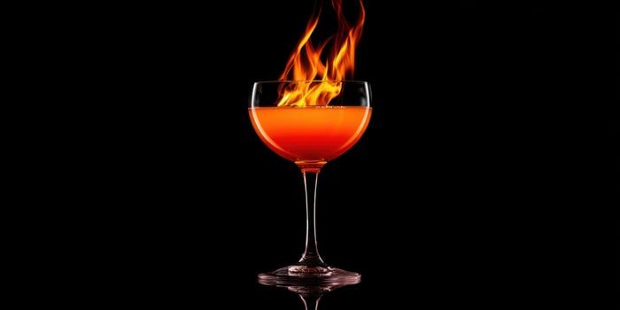 The flaming cocktail in a stylish glass against a black background. photo