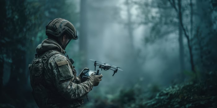 The soldier operating a drone in a foggy forest environment. photo