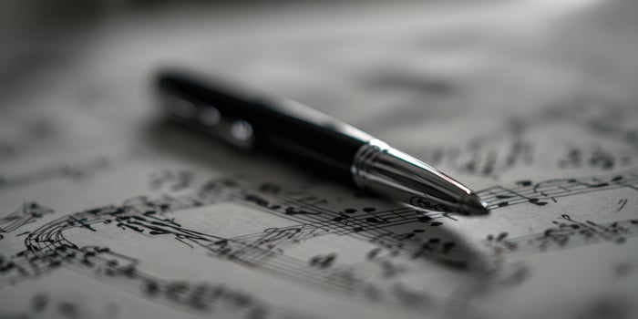 The elegant pen resting on a sheet of music notes and compositions. photo
