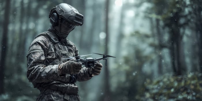 The soldier operating a military drone in a dense forest environment. photo
