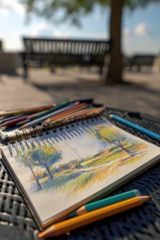 POV Sketching a Landscape in Notebook with Colored Pencils on Outdoor Bench photo