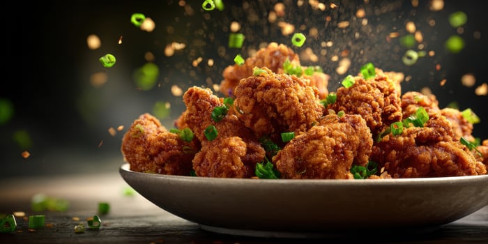 The delicious fried chicken garnished with fresh green onions and spices photo