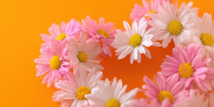 The Heart-Shaped Arrangement of Pink and White Daisies on Vibrant Orange Background photo