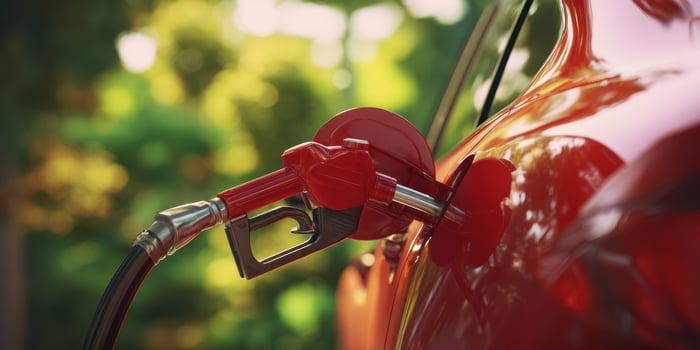 The fuel nozzle filling a red car in a vibrant natural setting. photo