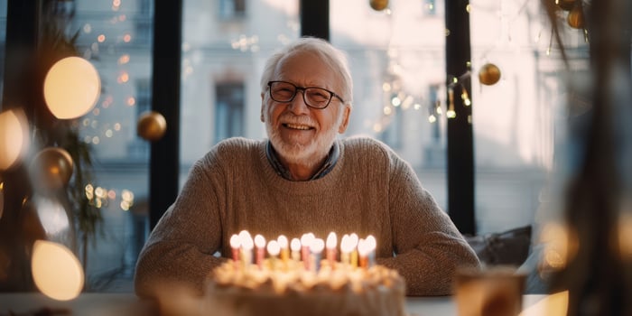 The joyful elderly man celebrating his birthday with a delicious cake and candles. photo