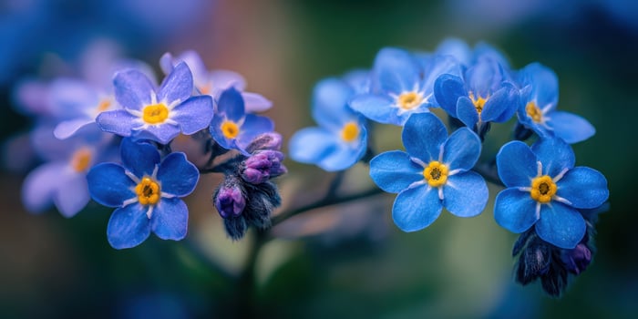 The delicate blue flowers with vibrant yellow centers in a lush background. photo
