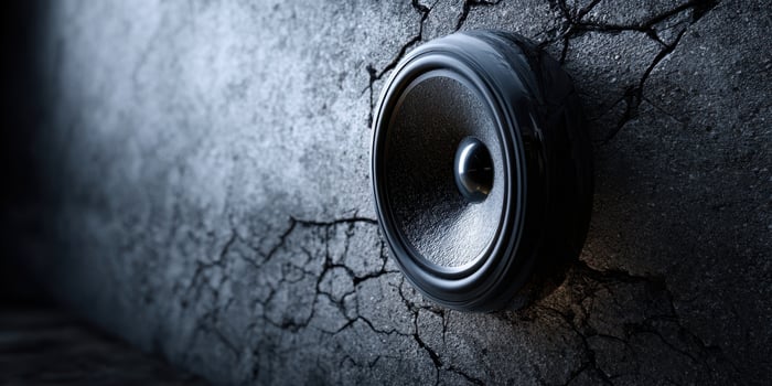 The sleek black speaker mounted on a textured cracked wall photo