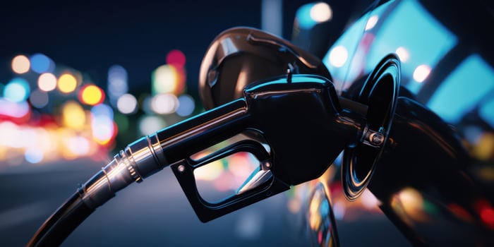 The close-up of a fuel nozzle at night with vibrant city lights in the background. photo