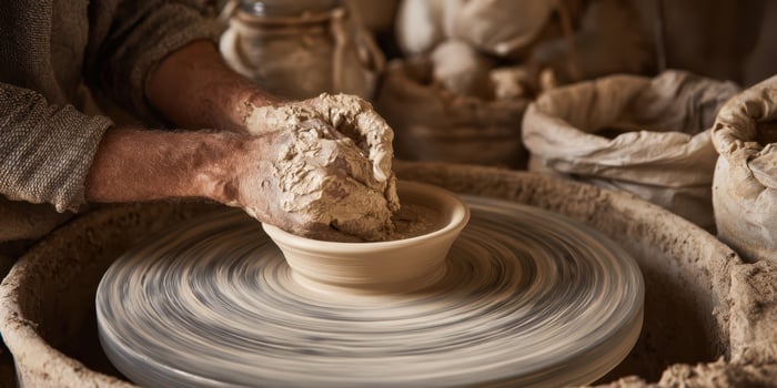 The Artisan Shaping Clay on the Pottery Wheel in a Rustic Workshop photo