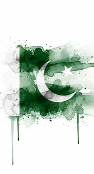 Pakistan Flag Watercolor Art Green White Crescent Star. photo