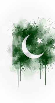 Pakistan Flag Watercolor Art Green Splatter Crescent Star. photo