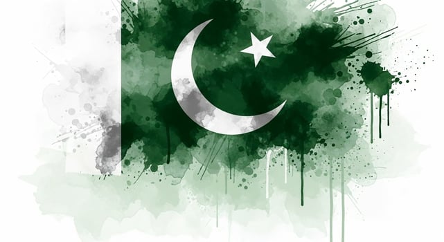 Pakistan flag with crescent and star in a green watercolor splatter style. photo