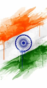 Vibrant Watercolor Indian Flag with Ashoka Chakra and Paint Splashes. photo