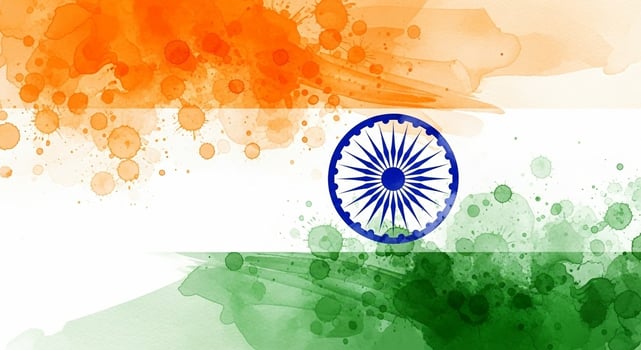 Watercolor Indian Flag with Ashoka Chakra and Orange White Green Stripes. photo