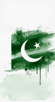 Watercolor Pakistan flag with artistic green and white brushstrokes crescent and star. photo