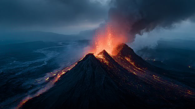 Erupting volcano with lava and ash photo