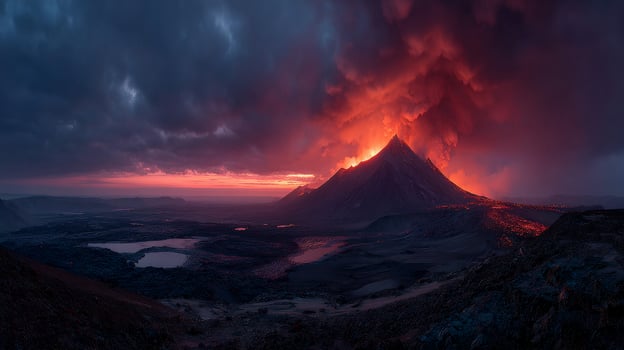 Volcano erupting with fiery clouds photo
