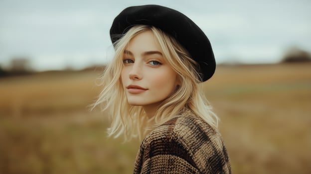 Young Woman Wearing a Beret in a Field During Autumn With a Soft, Serene Expression photo