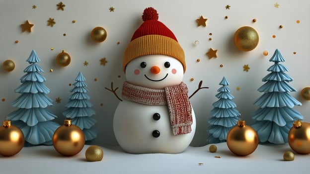 Cheerful Snowman Decorated for Winter Festivities With Ornaments and Trees photo