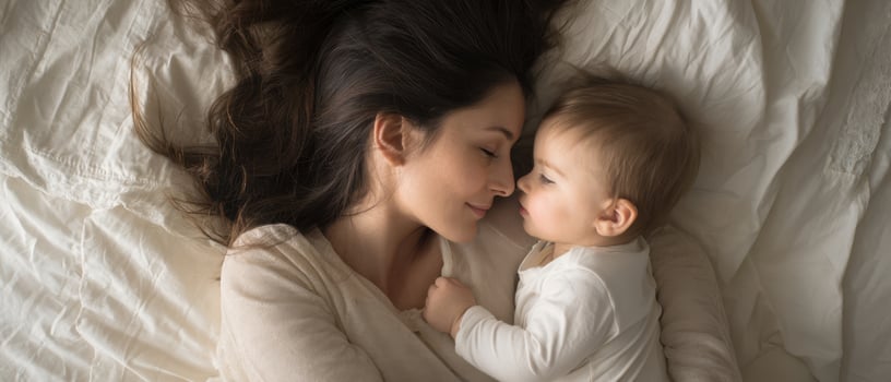 The intimate moment between a mother and her baby on a soft bed. photo