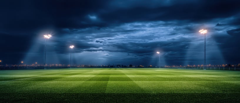 The illuminated soccer field under a dramatic night sky filled with clouds. photo