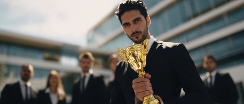 The confident man holding a trophy symbolizes success and accomplishment in business. photo