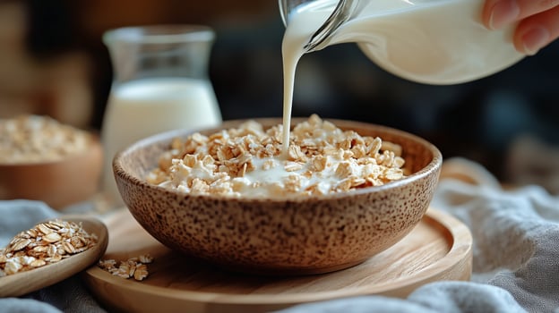 Morning Routine Highlights Healthy Breakfast Preparation With Oatmeal and Milk at Home. photo