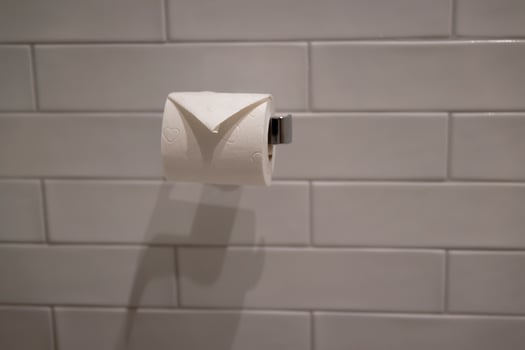 Toilet Paper Roll on Holder Against Tiled Wall photo