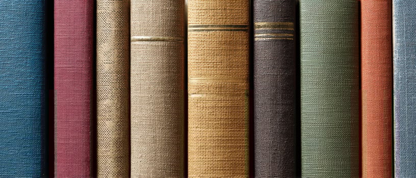 The collection of vintage books showcasing unique textured spines and classic colors. photo