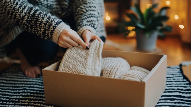 Woman Craftily Organizing Knitted Scarves in Cozy Living Room During Winter Evening photo