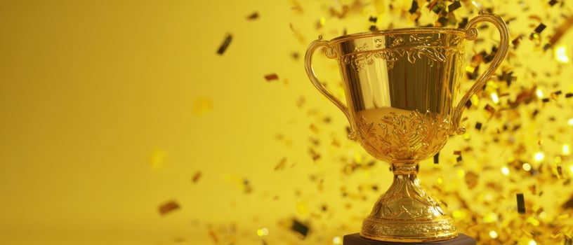 The shining trophy celebrating success with colorful confetti backdrop. photo