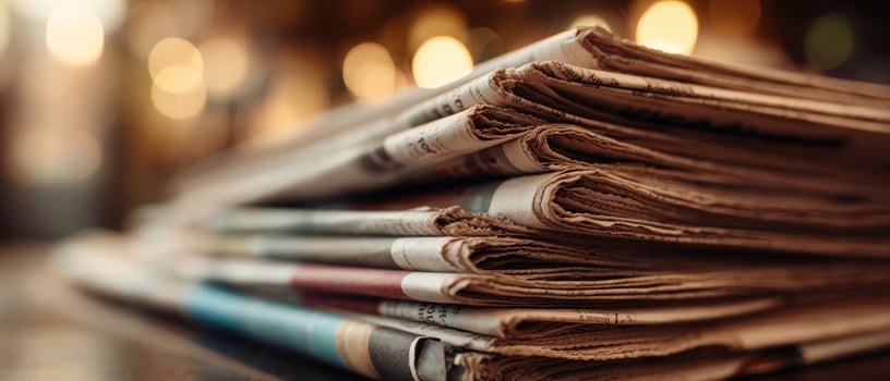 The vintage stack of newspapers illuminating the warmth of traditional media. photo
