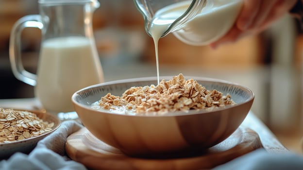 Morning Routine Highlights Healthy Breakfast Preparation With Oatmeal and Milk at Home photo