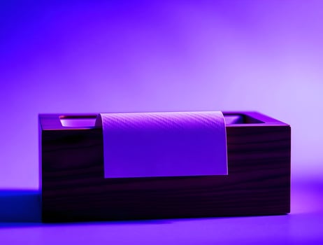 A purple light is shining on a wooden box photo