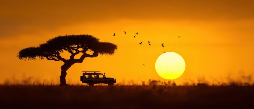The breathtaking sunset over a jeep near a solitary tree. photo