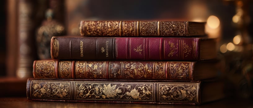 The elegant collection of antique leather-bound books on a wooden table. photo