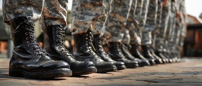 The boots of soldiers lined up in perfect formation on the ground. photo