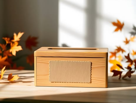 A wooden box with a blank label sitting on a table photo