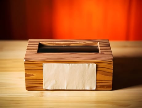 A wooden box with a piece of paper on top photo