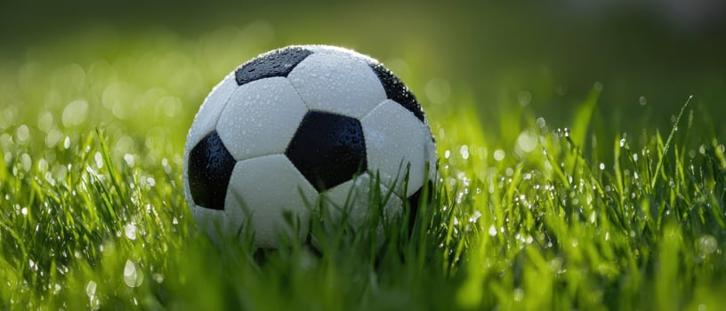 The soccer ball resting on dewy grass in a vibrant outdoor setting. photo