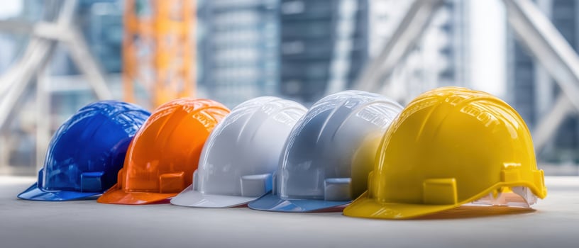 The colorful collection of hard hats for construction safety and teamwork photo