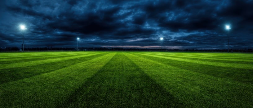 The illuminated sports field under dramatic night sky at dusk photo