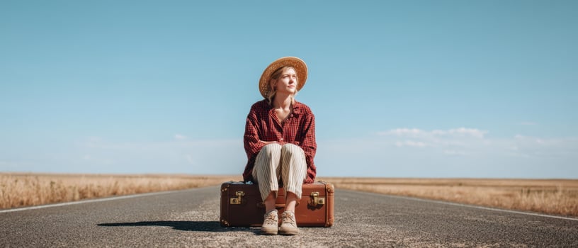 The woman with a suitcase sitting on a lonely road under a clear sky. photo