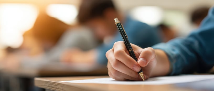 The student writing during an exam in a focused classroom setting. photo