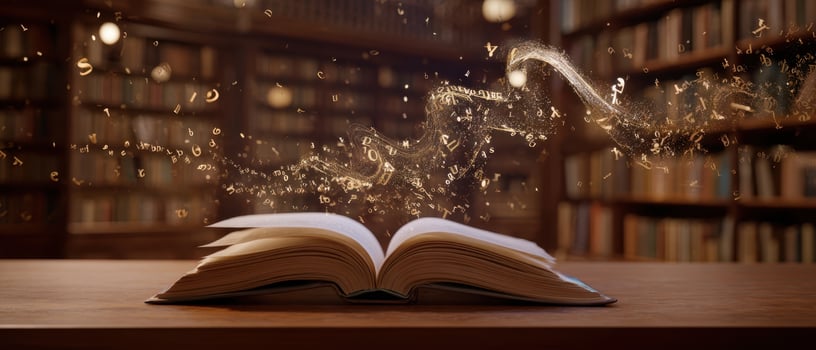 The mesmerizing book emanating magical sparks in a cozy library atmosphere. photo