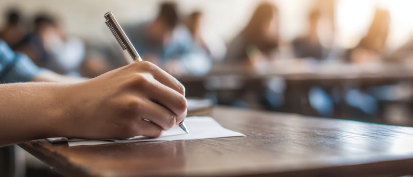 The student writes diligently during an examination in a busy classroom setting. photo